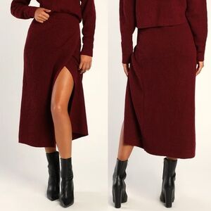 Autumn Sweetheart Burgundy Waffle Knit Midi Skirt